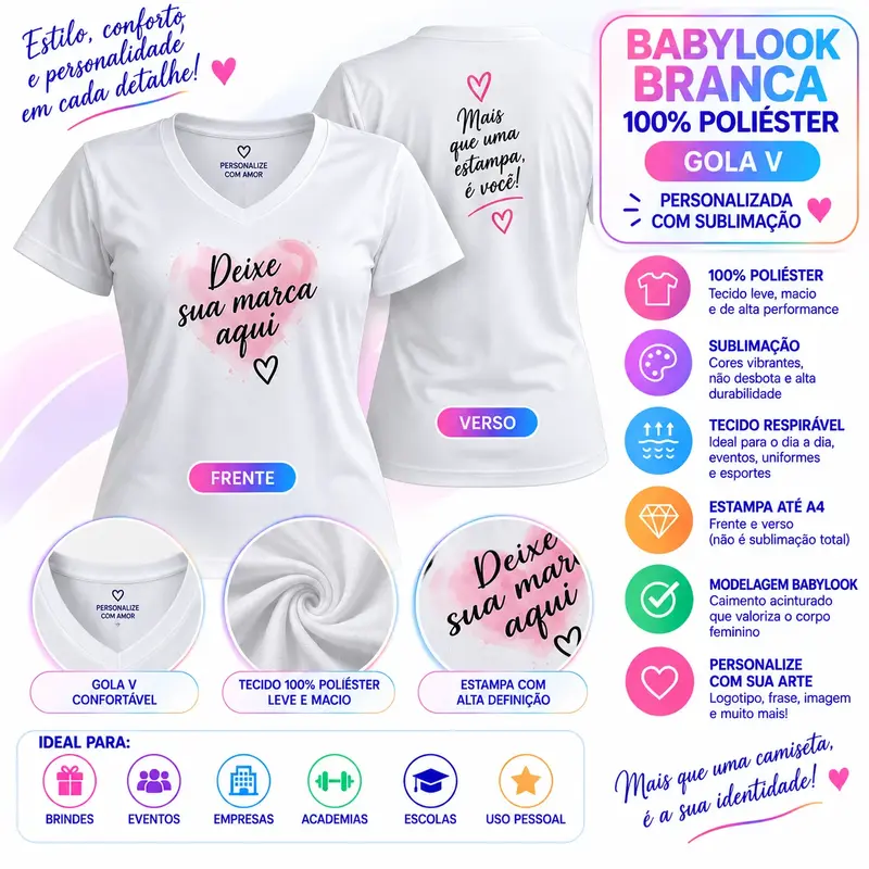 Babylook Gola V Branca 100% Poliéster Personalizada - Sublimação