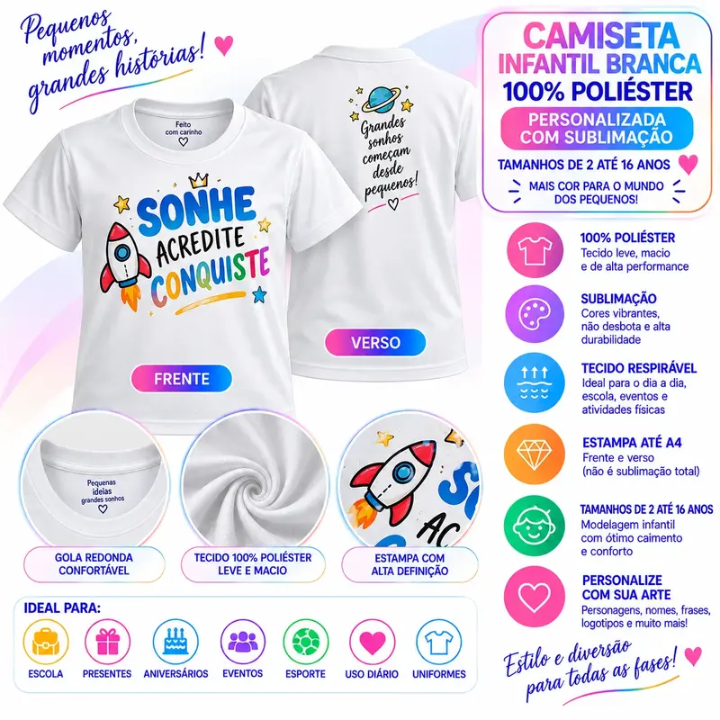 Camiseta Infantil Branca 100% Poliéster Personalizada - Sublimação