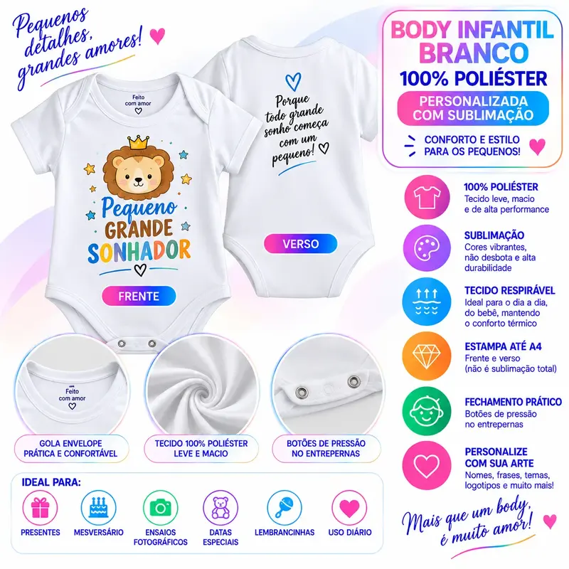 Body Infantil Branco 100% Poliéster Personalizado - Sublimação